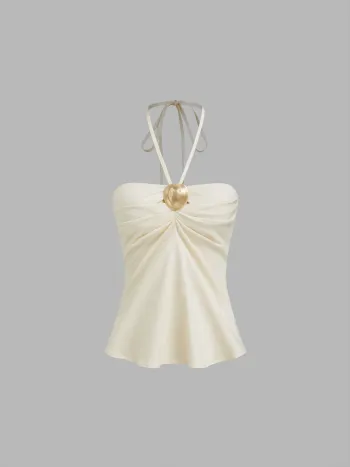 Cotton-blend Halter Neckline Ruched Metal Detail Shirred Top
