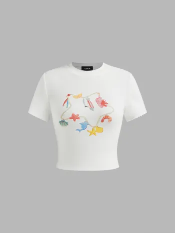 T-Shirt Crop Graphique Étoile de Fruits de Mer en Mélange de Coton
