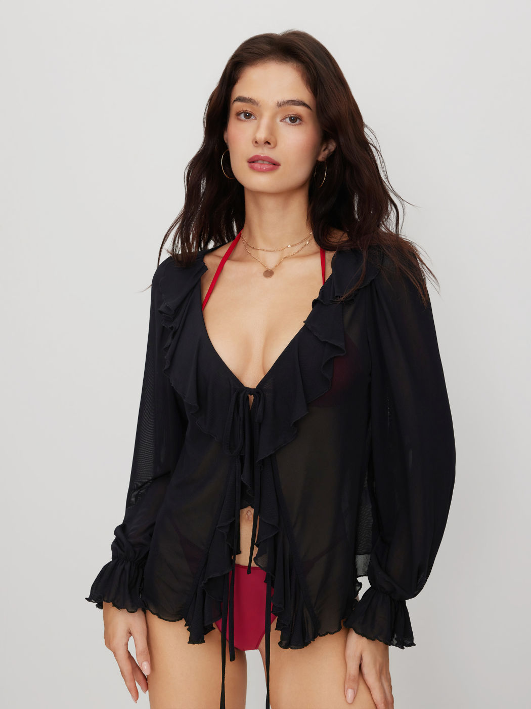 V-neck Lettuce Trim Knotted Cover Up Top