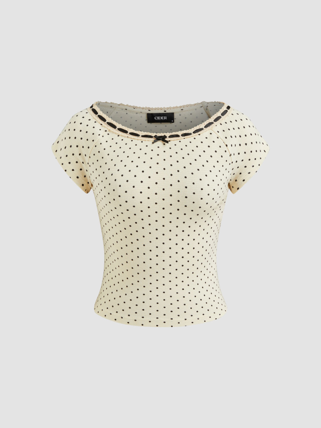 Cotton-blend Boat Neck Polka Dot Bowknot Lace Trim Top