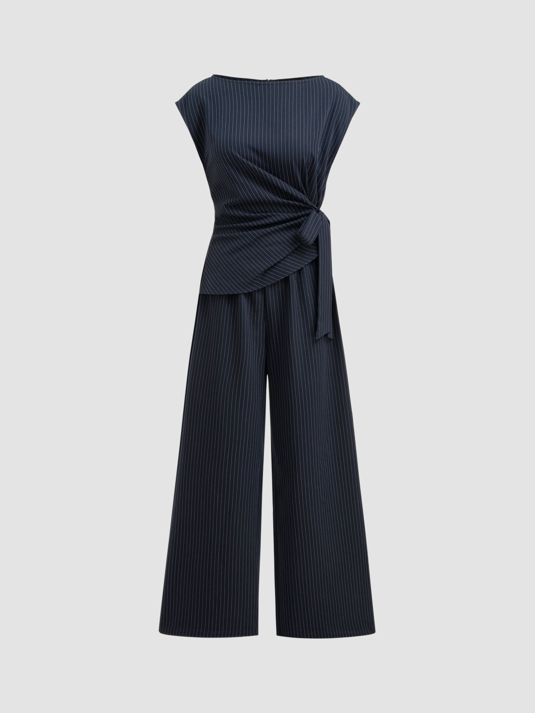 Boat Neck Stripe Ruched Knotted Straight Leg Jumpsuit