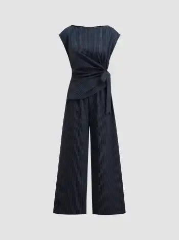 Bootsneck-Streifen-Rusche-Knoten-Overalls mit geraden Beinen