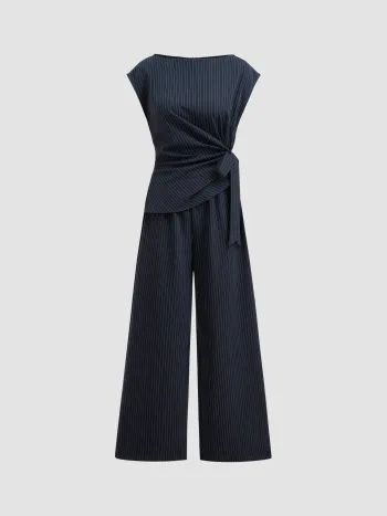 Bootsneck-Streifen-Rusche-Knoten-Overalls mit geraden Beinen