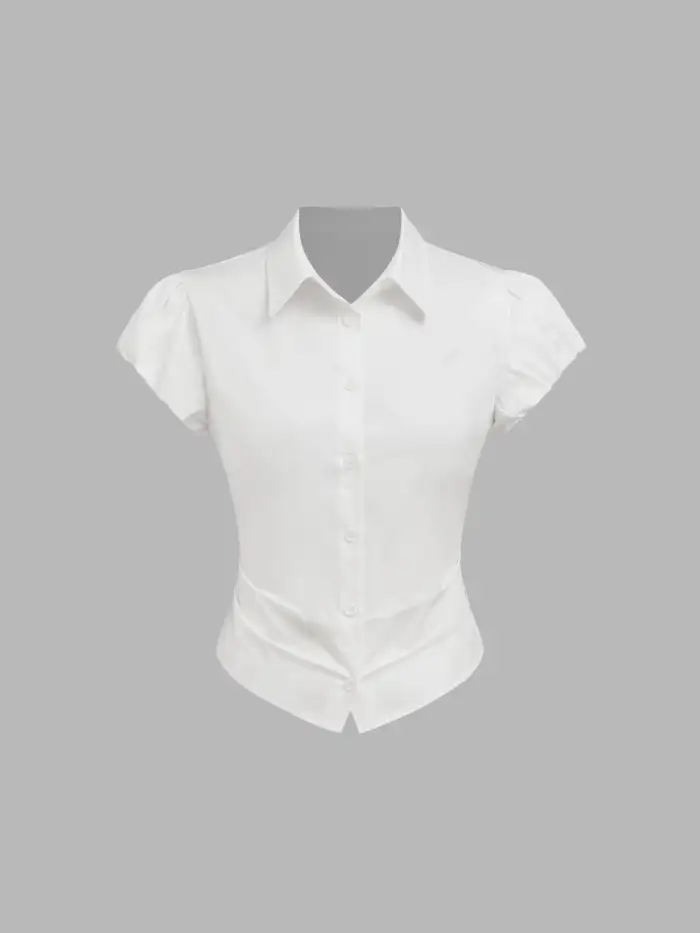Woven Cotton 100% Cotton Doll Collar Solid Knotted Short Sleeve Shirt For School