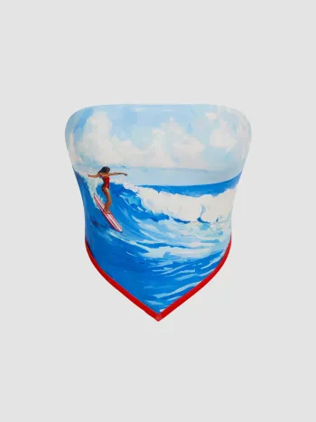 Surfing Girl Asymmetrical Hem Shirred Bandeau Top