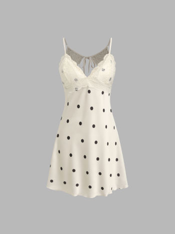 Satin V-neck Polka Dot Lace Trim Knotted Backless Mini Nightdress