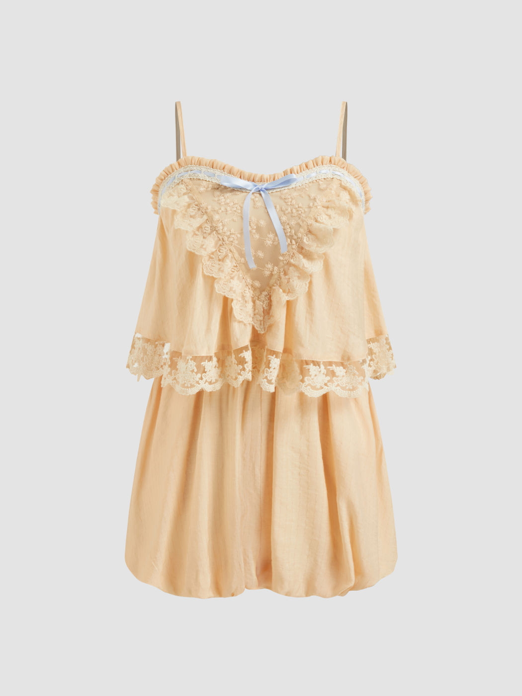 Recycled Cotton-blend Lace Trim Bowknot Bubble Hem Romper