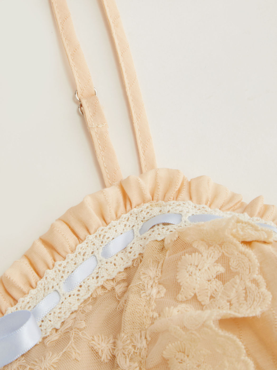 Recycled Cotton-blend Lace Trim Bowknot Bubble Hem Romper