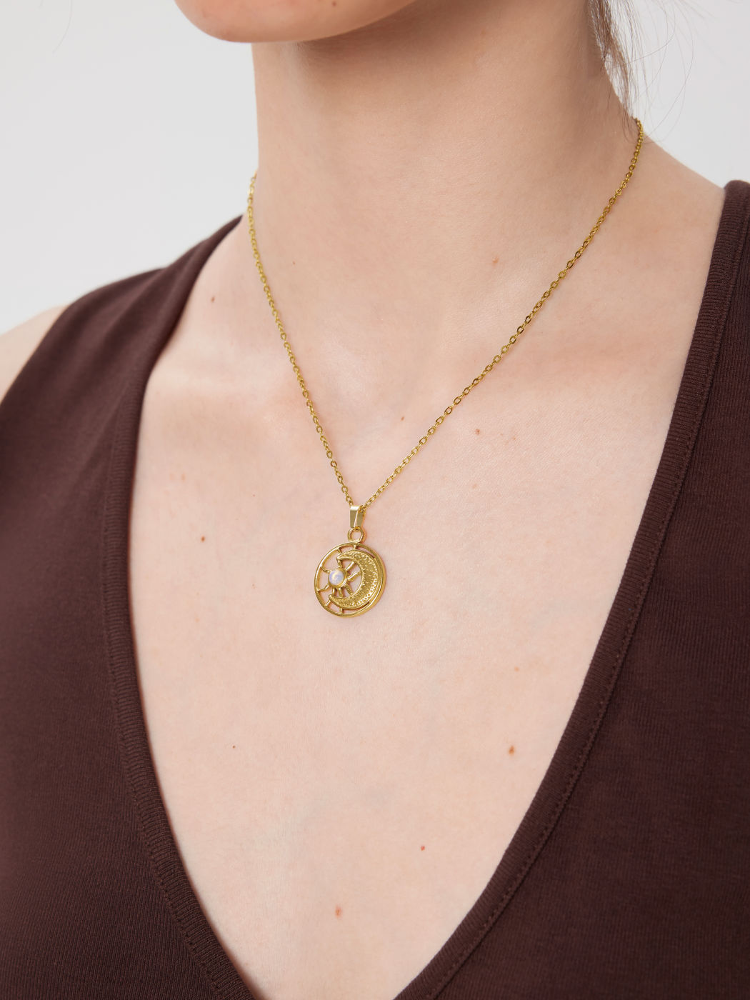 Pendiente de Sol y Luna de Ópalo con Collar de Cadena de Acero Inoxidable