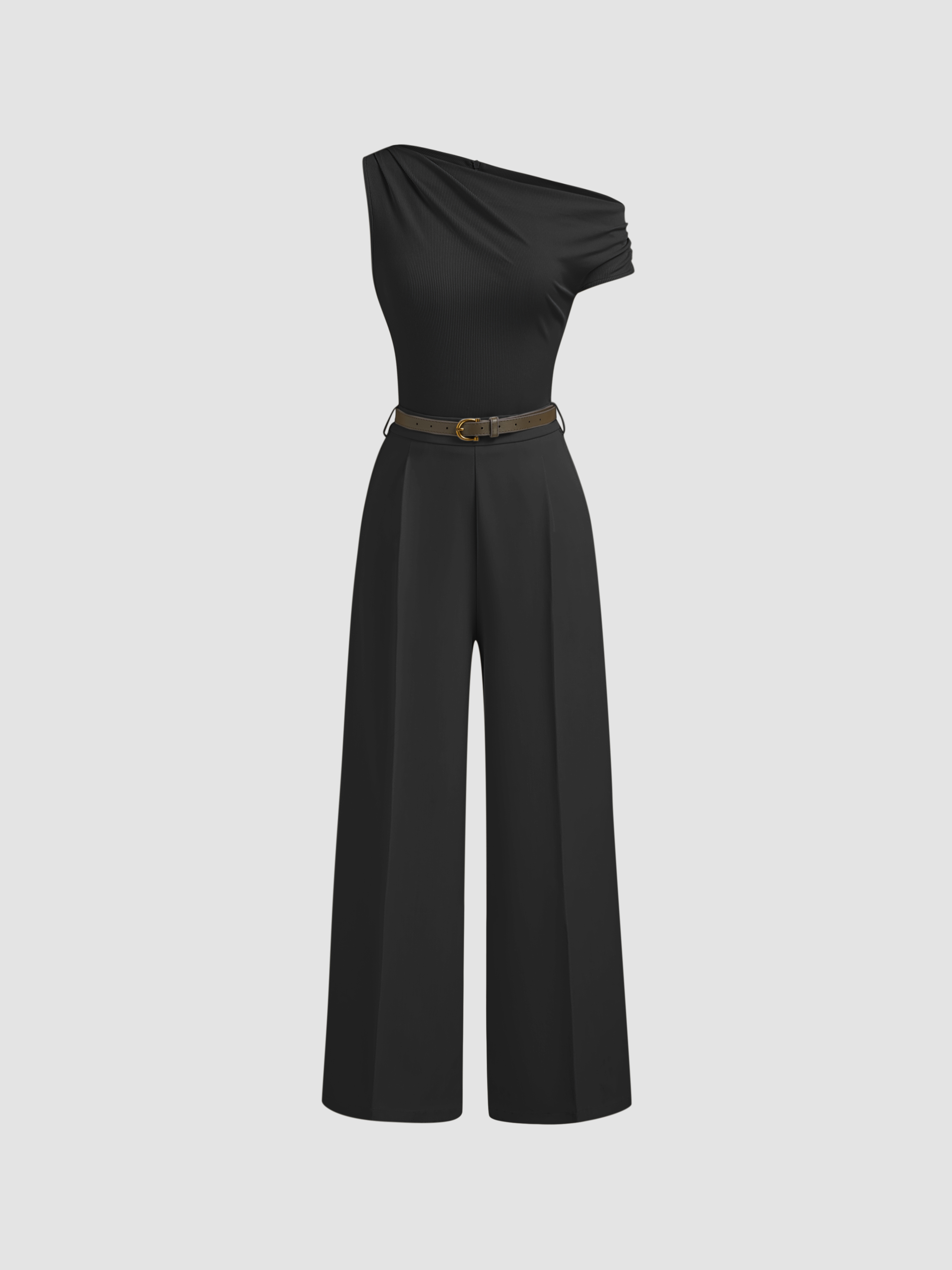 Tissé Asymmetrical Neck Ruched Jumpsuit With Belt For Travail