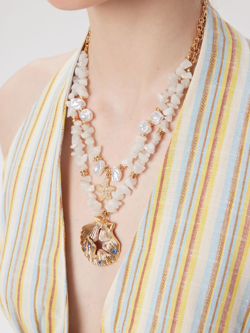 DOUBLE LAYERED RHINESTONE DECOR SHELL & STARFISH & STONE NECKLACE