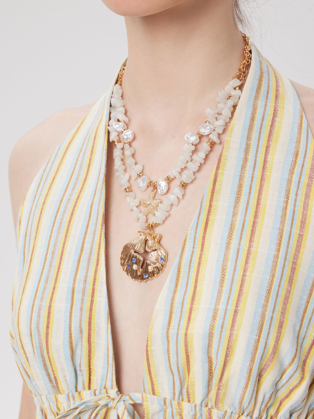 DOUBLE LAYERED RHINESTONE DECOR SHELL & STARFISH & STONE NECKLACE