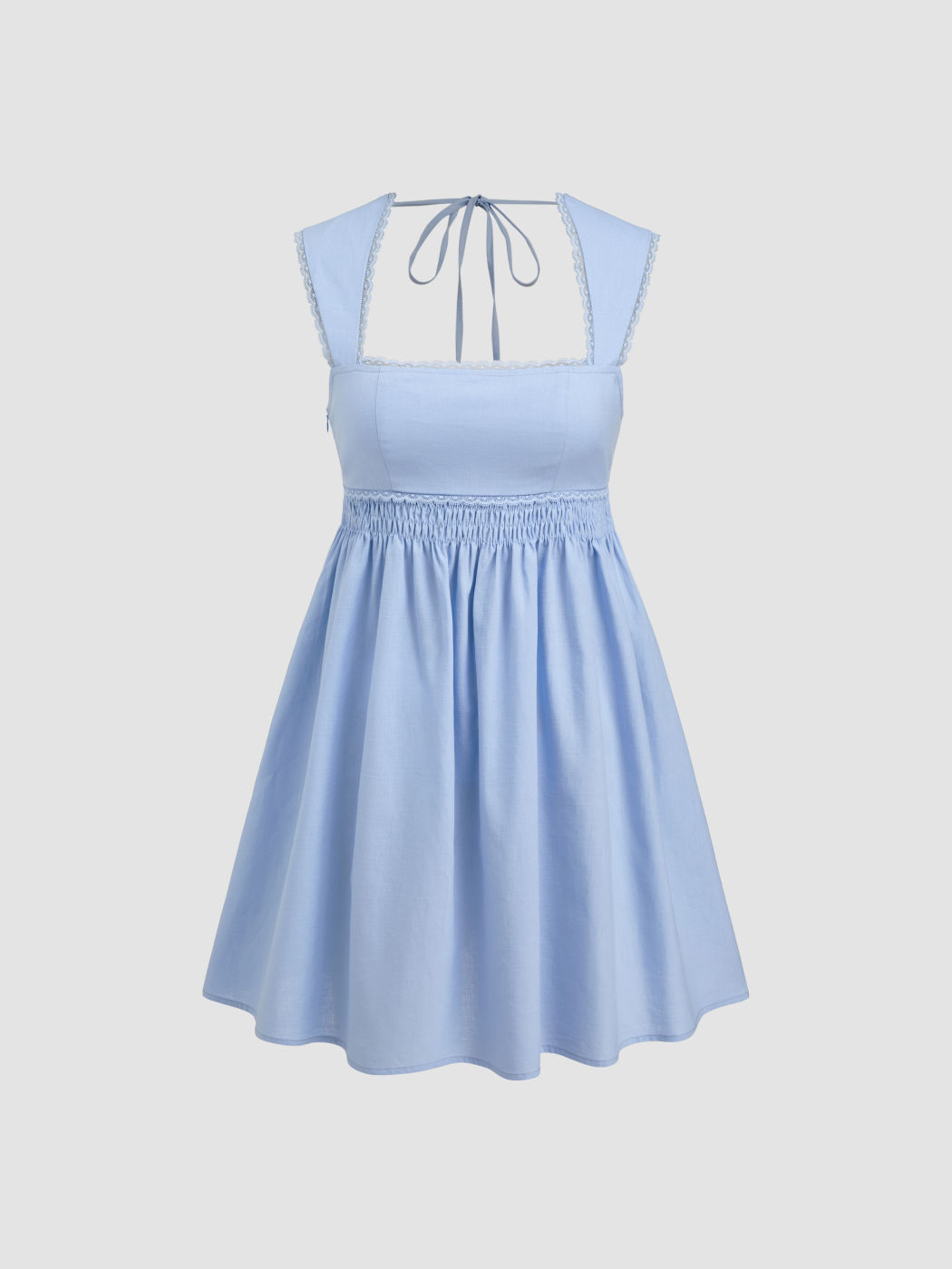 Linen-blend Square Neck Lace Trim Knotted Shirred Ruffle Mini Dress