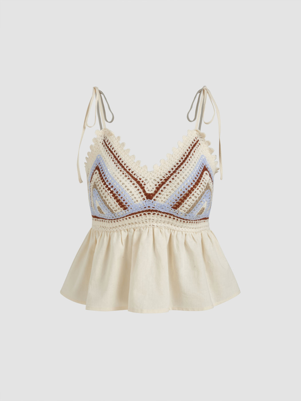 Leinenmischung V-Ausschnitt Häkel Shirred Rüschensaum Camisole Oberteil