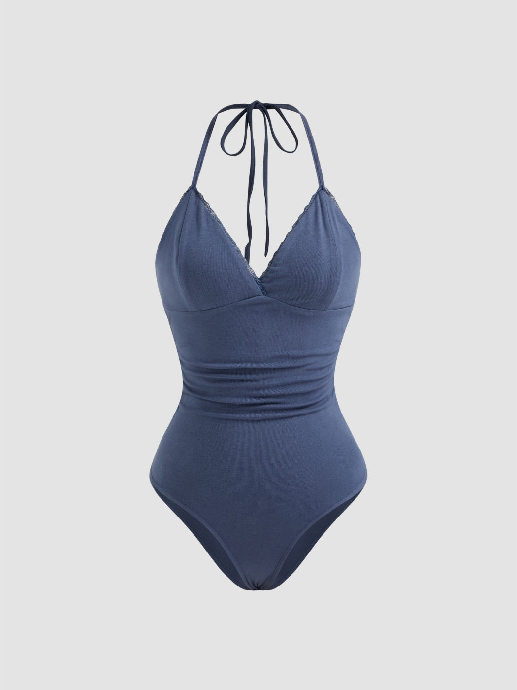 V-neck Halter Neckline Lace Trim Ruched Bodysuit