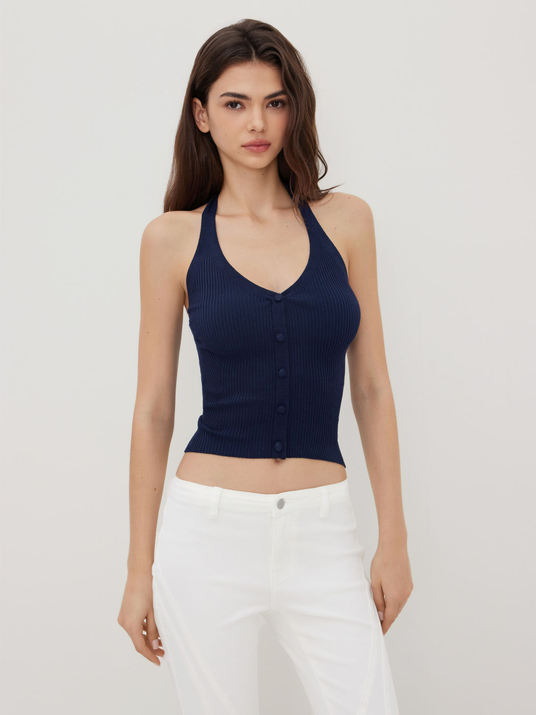Knit Halter Neckline Rib Button Crop Top