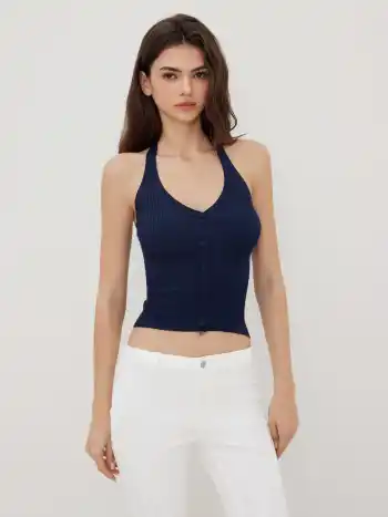 Knit Halter Neckline Rib Button Crop Top