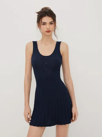 Knit U-neckline Rib Button Mini Dress