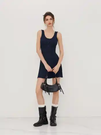 Knit U-neckline Rib Button Mini Dress