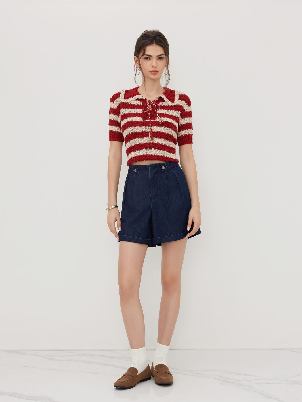 Denim Low Rise Pleated Shorts