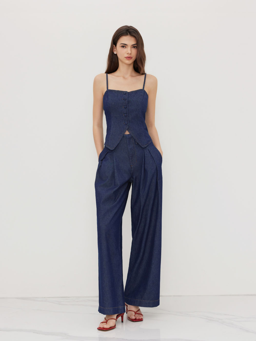 Denim Mid Rise Pleated Wide Leg Jeans