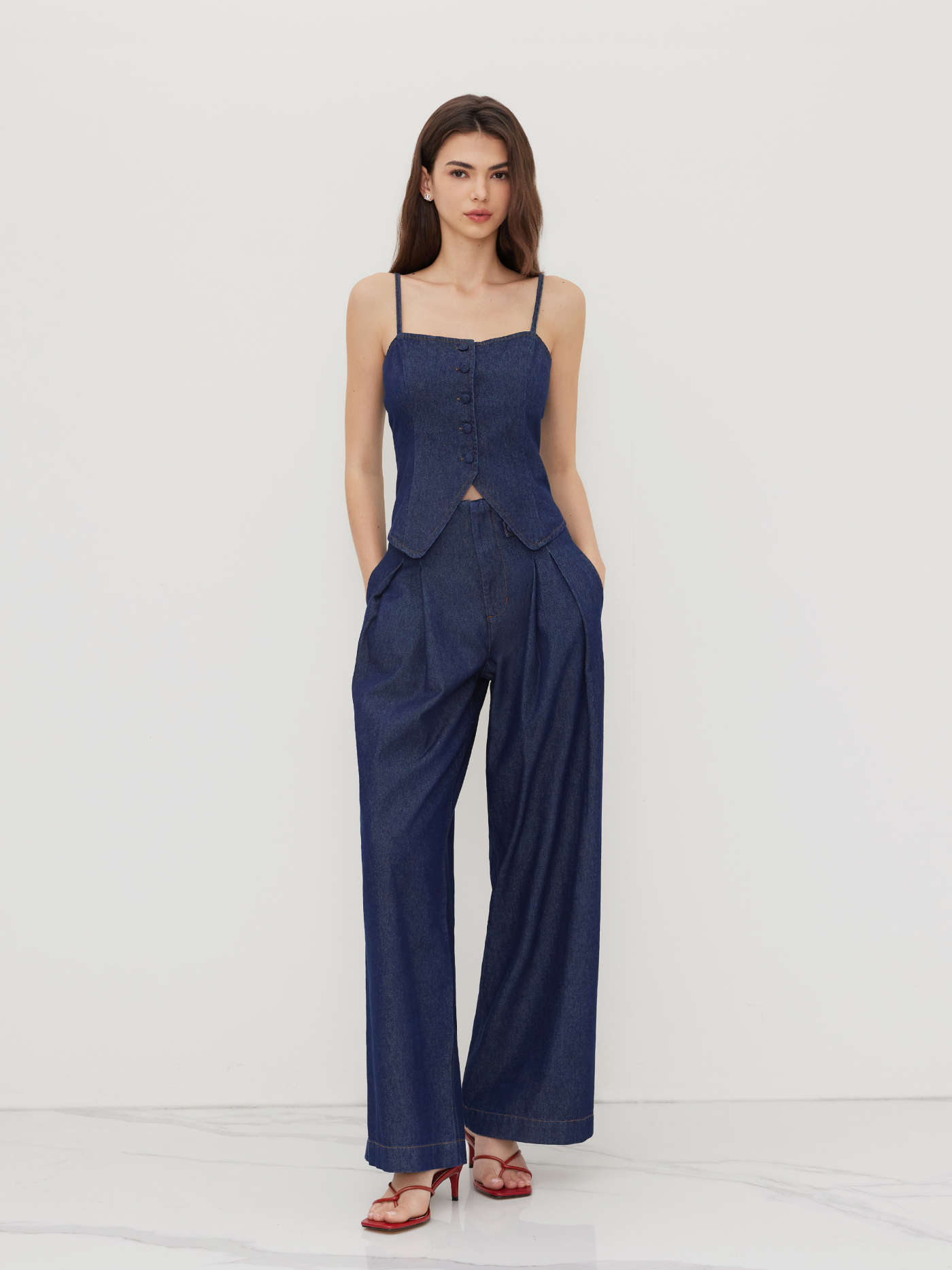 Denim Mid Rise Pleated Wide Leg Jeans