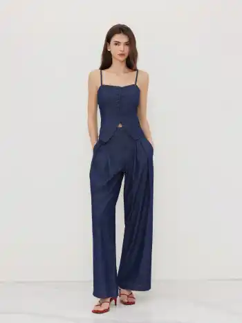Denim Mid Rise Pleated Wide Leg Jeans