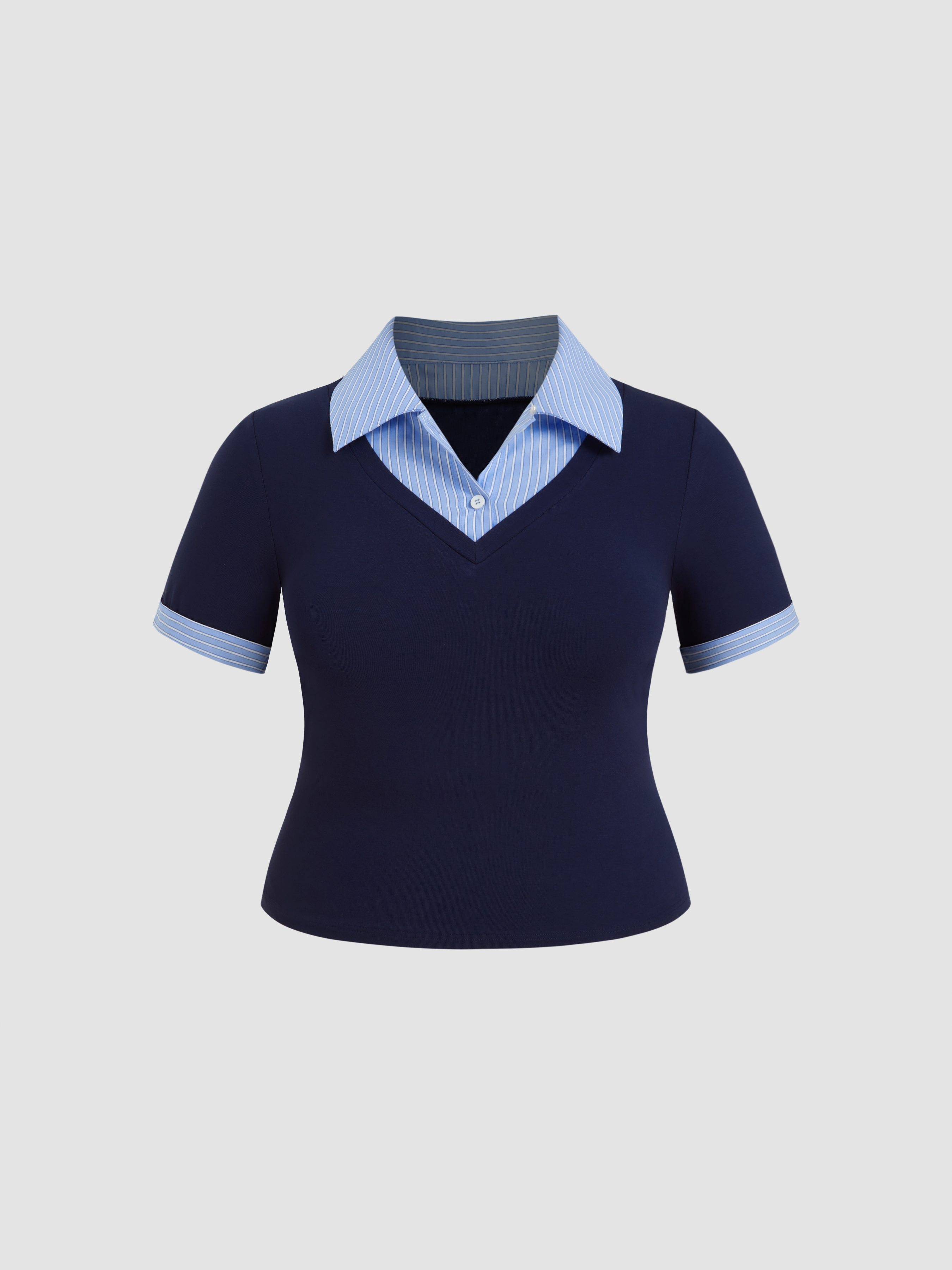 Cotton Collar Stripe Two Tone Short Sleeve Top Curve & Plus
