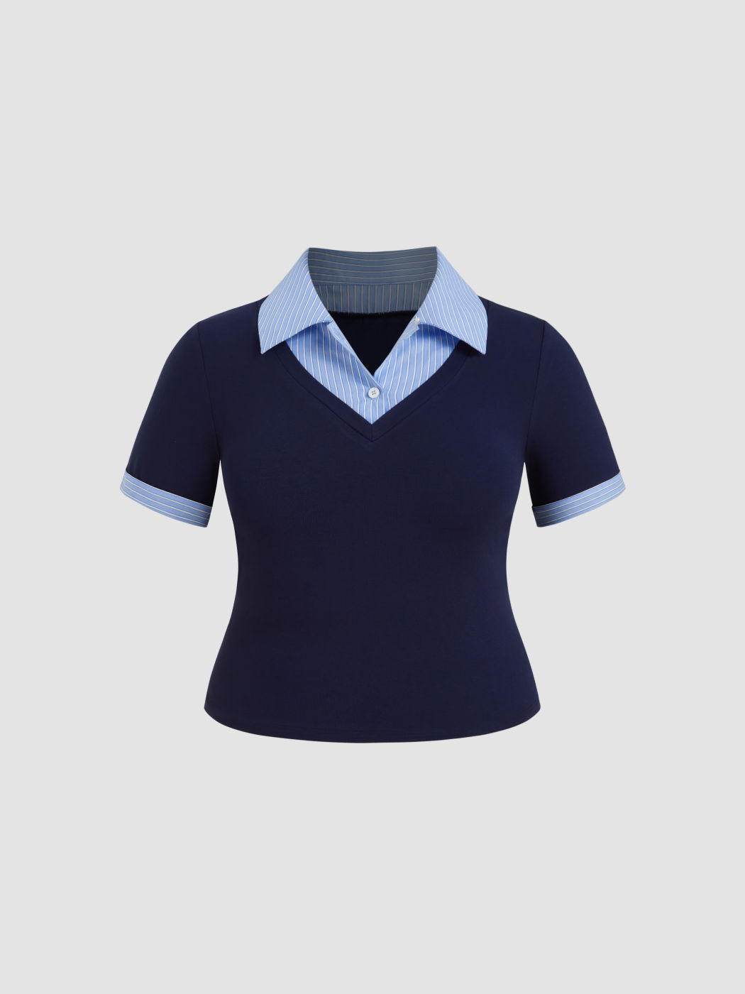 Cotton Collar Stripe Two Tone Short Sleeve Top Curve & Plus