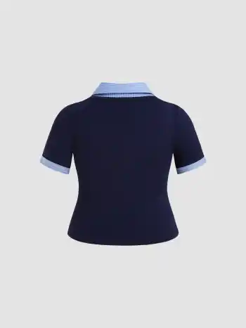 Cotton Collar Stripe Two Tone Short Sleeve Top Curve & Plus
