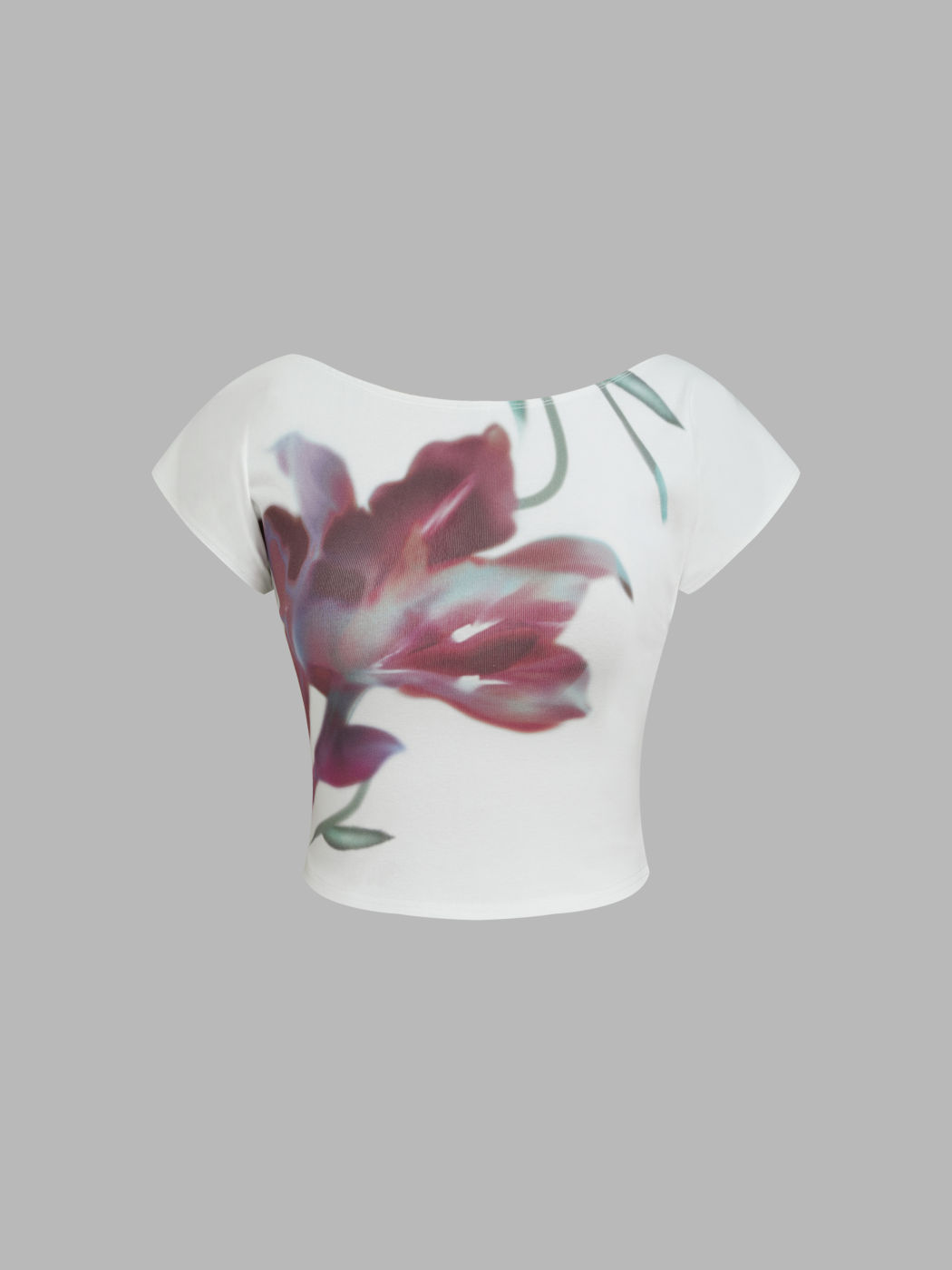 Cotton-blend Boat Neck Floral Backless Knotted Short Sleeve Tee