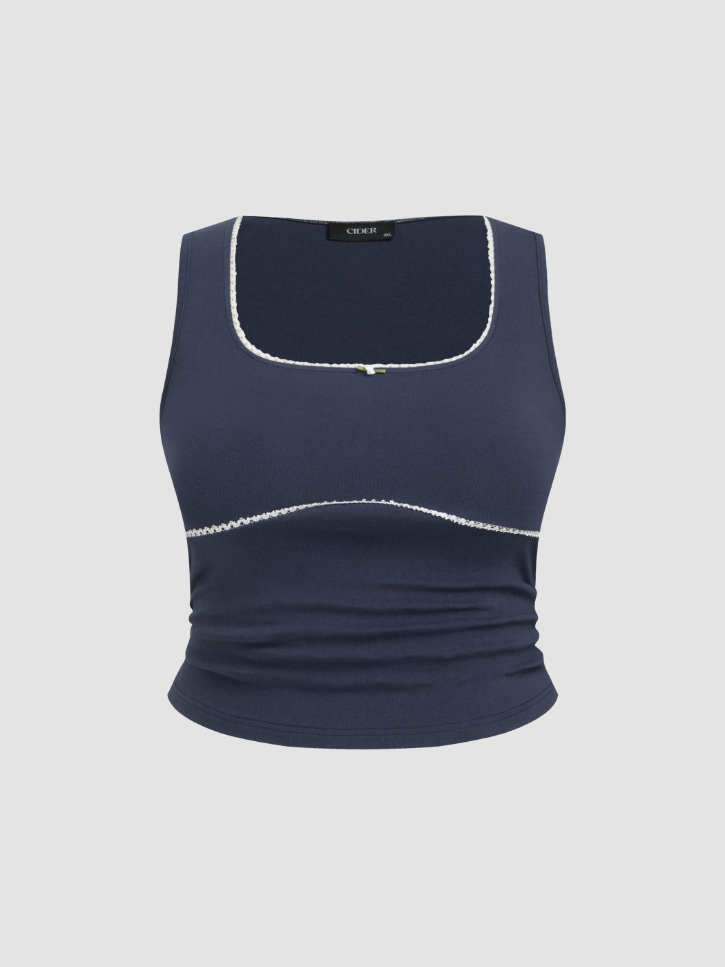 Cotton-blend Square Neck Contrasting Binding Ruched Tank Top Curve & Plus