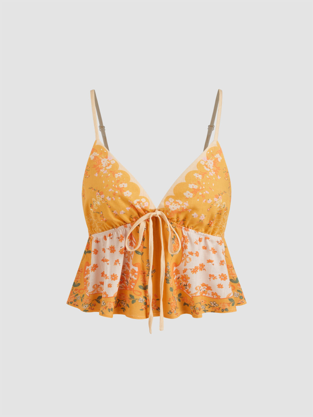 V-neck Floral Knotted Ruffle Hem Cami Top
