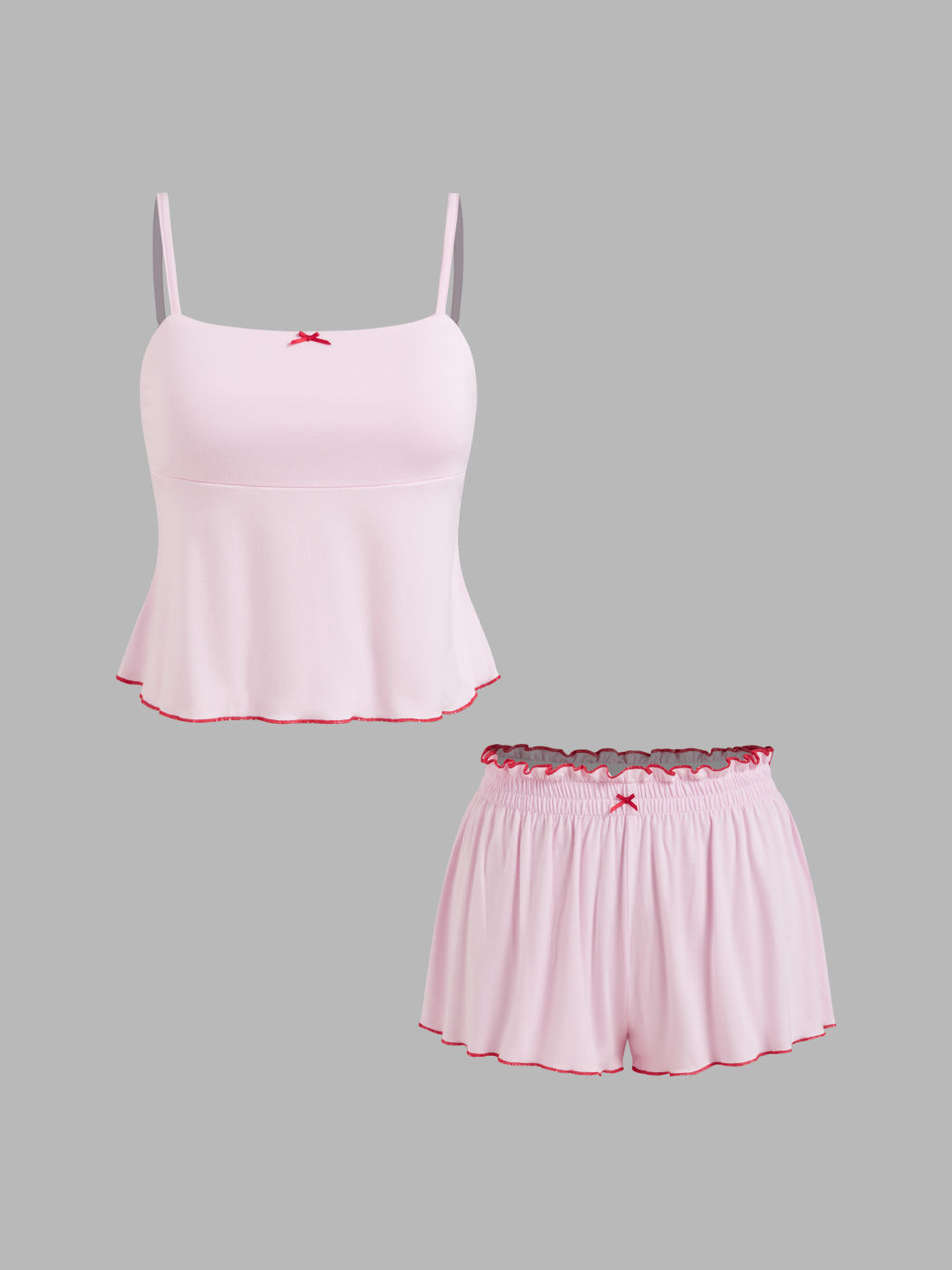 Quadratischer Hals mit Schleife und kontrastierendem Bund: Cami-Top & Low-Rise-Shorts mit Salatrand - Lounge-Set