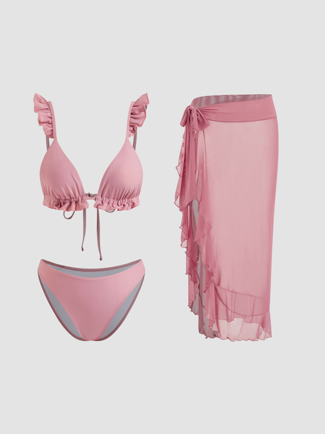 V-neck Lettuce Trim Bracelet Cheeky Bikini Set With Ruffle Sarong