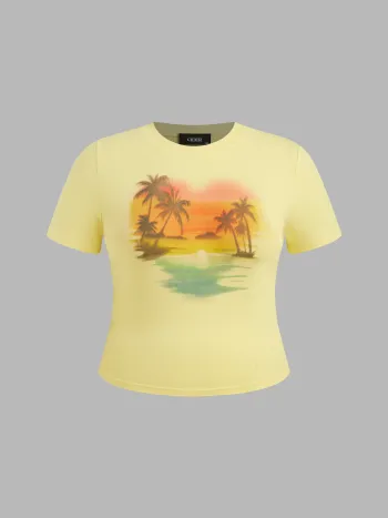Cotton-blend Sunset Coconut Tree Short Sleeve Tee
