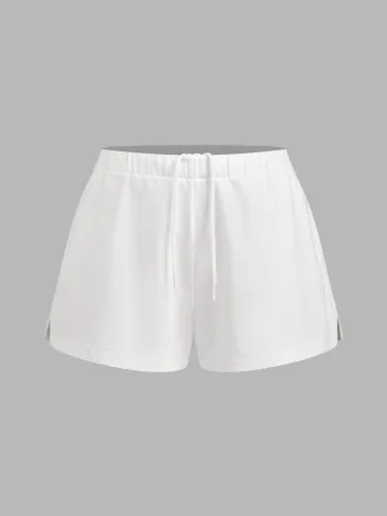 Terry Mid Rise Drawstring Split Shorts Curve & Plus