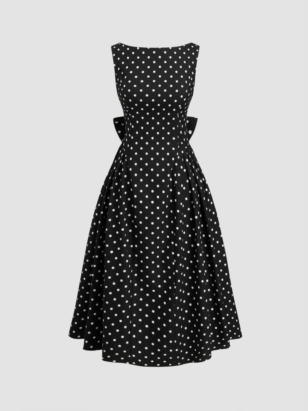 Linen-blend Boat Neck Polka Dot Backless Bowknot Midi Dress