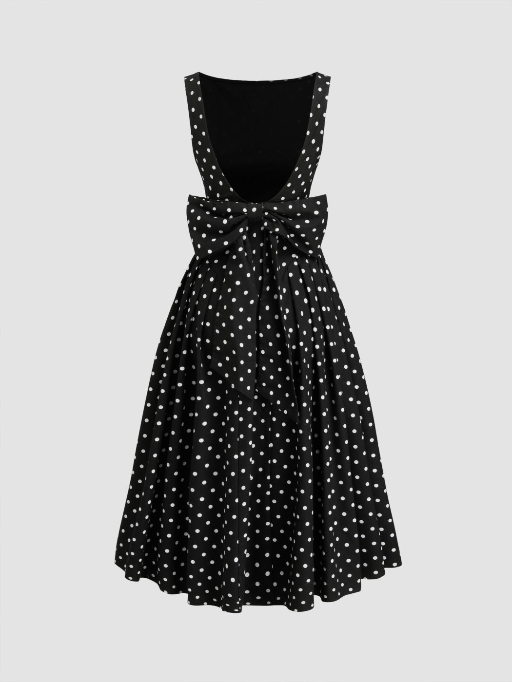 Linen-blend Boat Neck Polka Dot Backless Bowknot Midi Dress