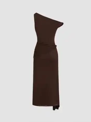 Maxikleid mit Maschenstoff, asymmetrischem Halsrand und ruchierter Stoffschleife