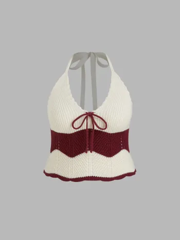 Knit Halter Neck Crochet Stripe Wave Trim Top Curve & Plus