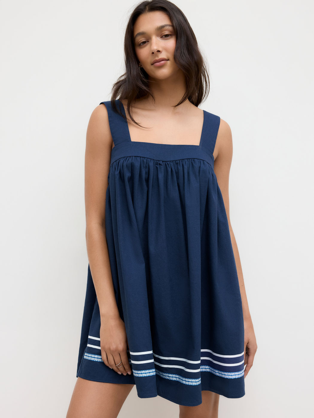 Linen-blend Square Neck Ruffle Hem Criss Cross Mini Dress