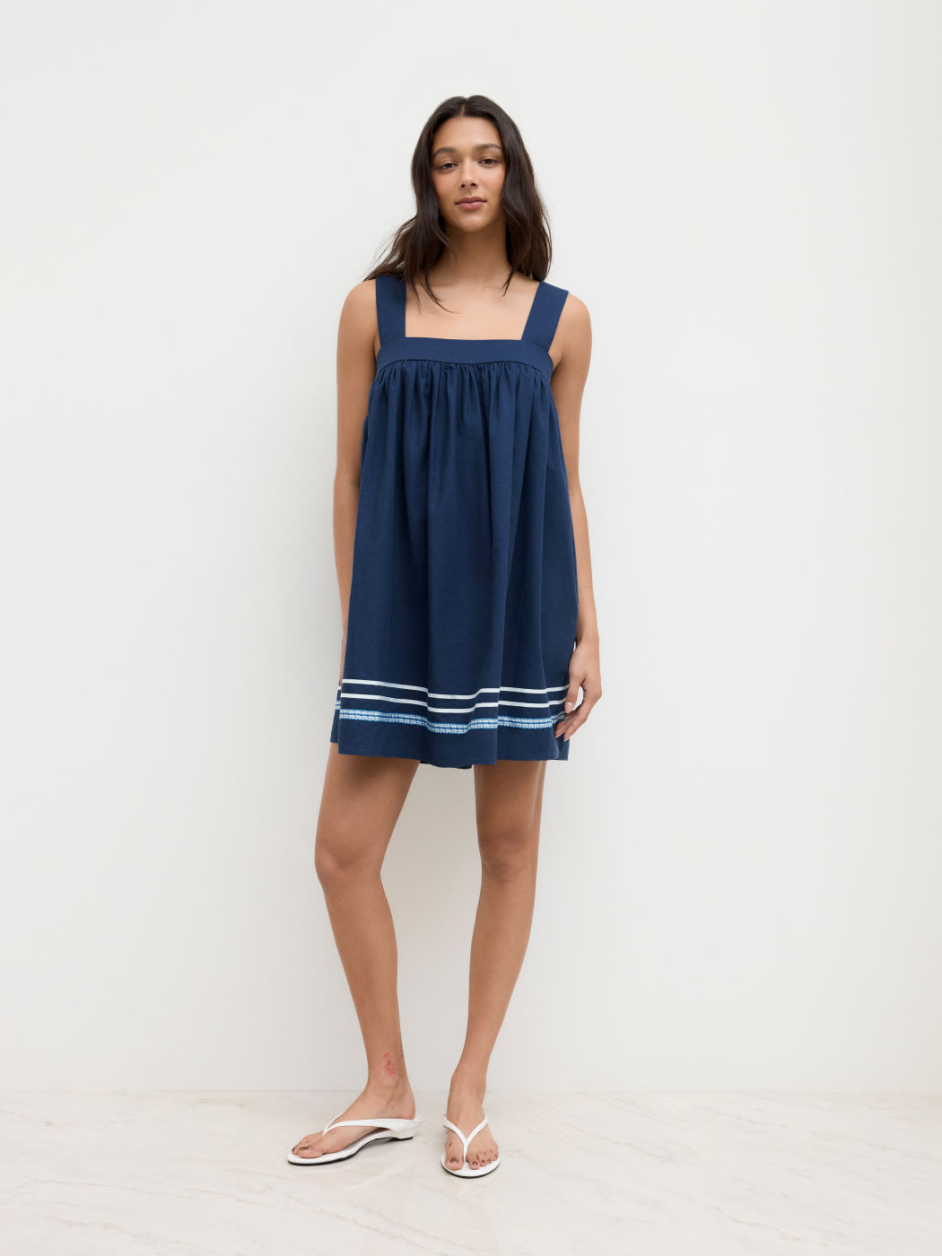 Linen-blend Square Neck Ruffle Hem Criss Cross Mini Dress