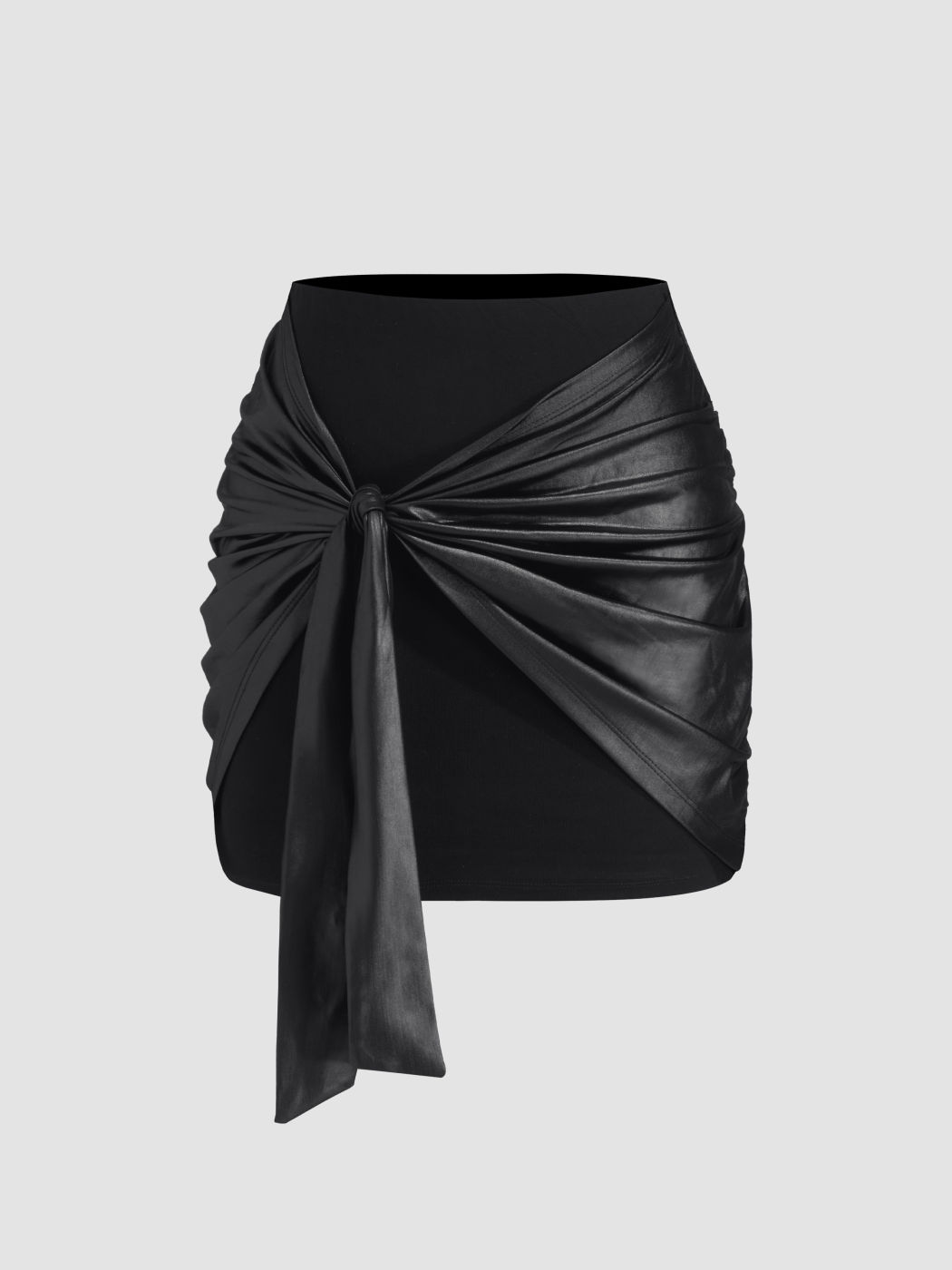 Mid Rise Ruched Knotted Mini Skirt