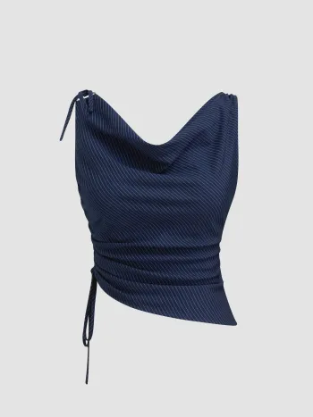 Cowl Neck Stripe Drawstring Asymmetrical Top