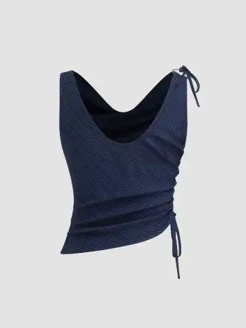 Cowl Neck Stripe Drawstring Asymmetrical Top