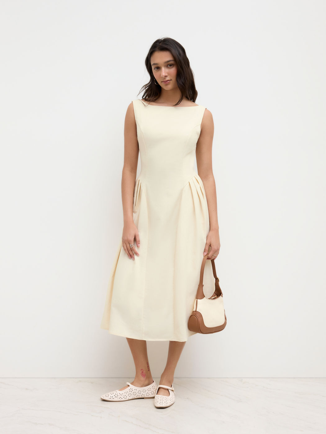 Linen-blend Boat Neck Ruffle Backless Midi Dress