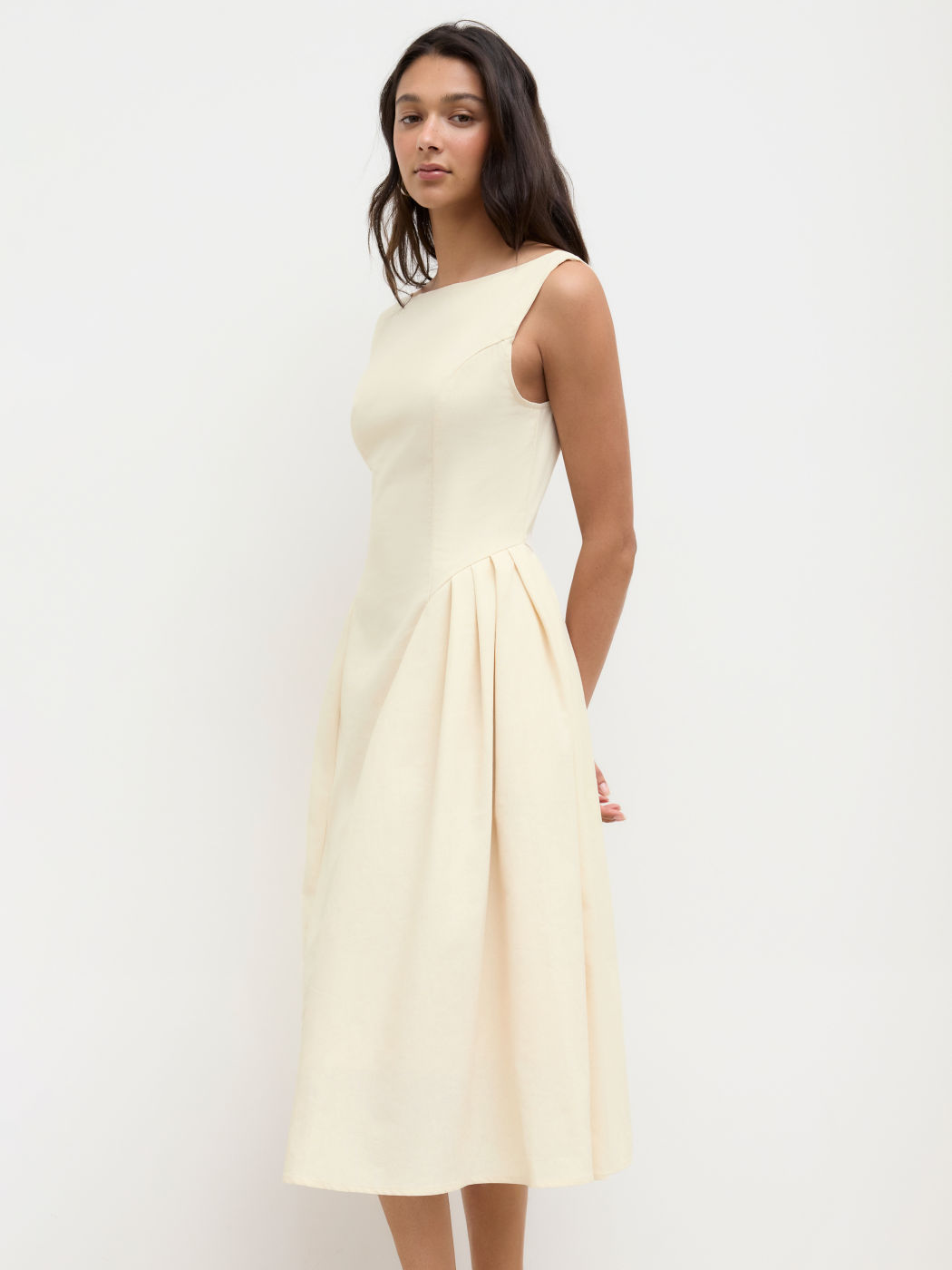 Linen-blend Boat Neck Ruffle Backless Midi Dress