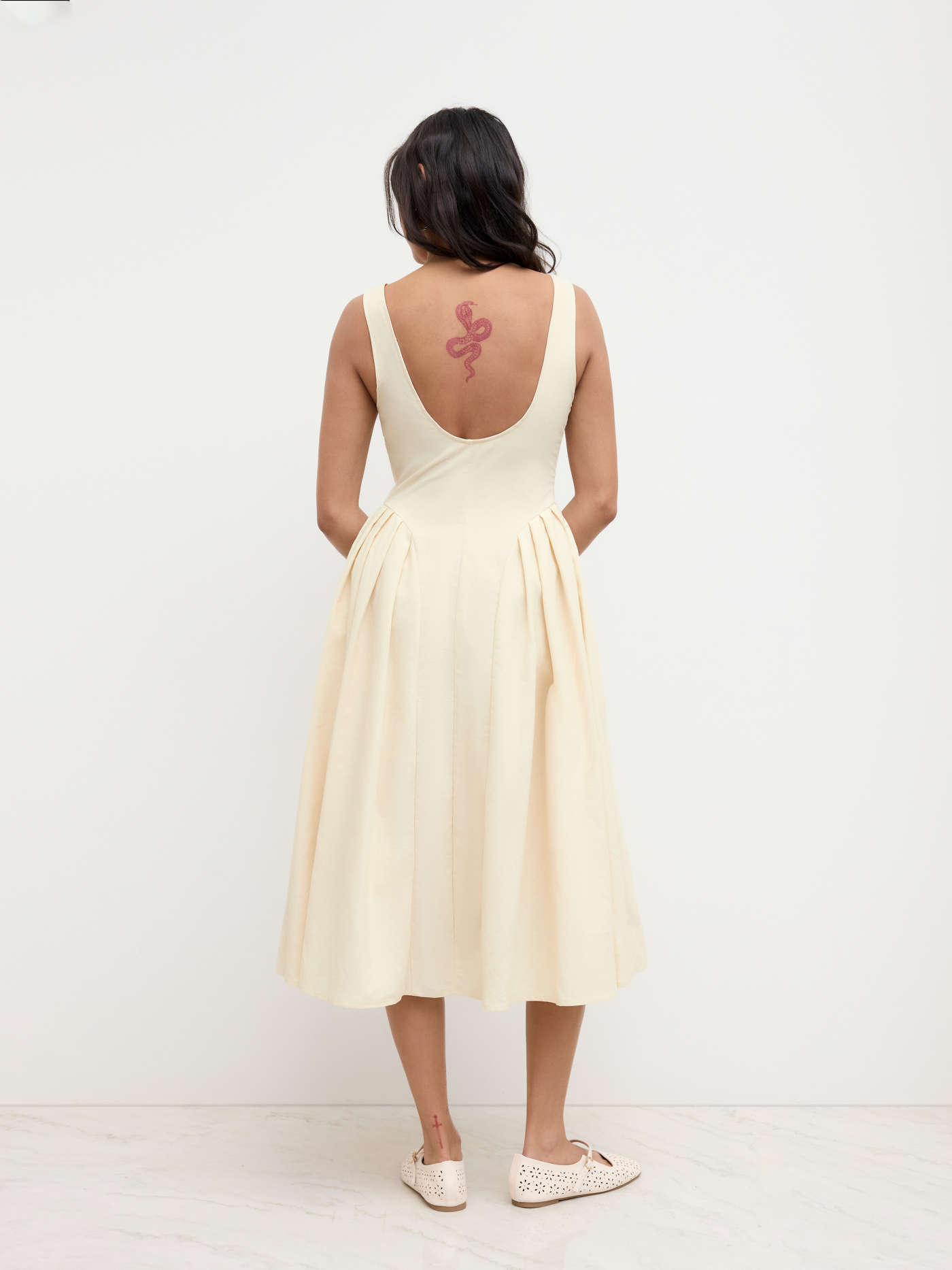 Linen-blend Boat Neck Ruffle Backless Midi Dress