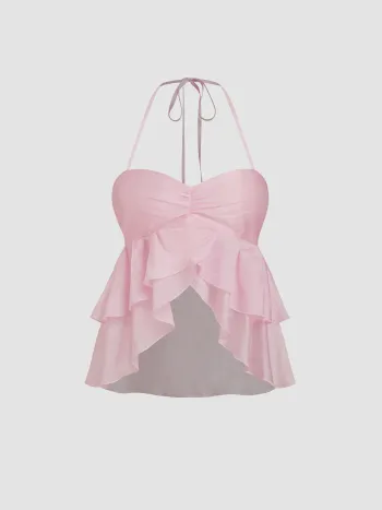 Halter Neckline Ruffle Asymmetrical Hem Cami Top